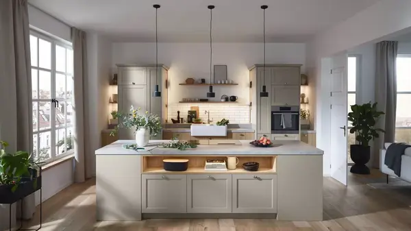 Moderne helle Küche mit Kücheninsel, Hängelampen und großen Fenstern für Tageslicht.