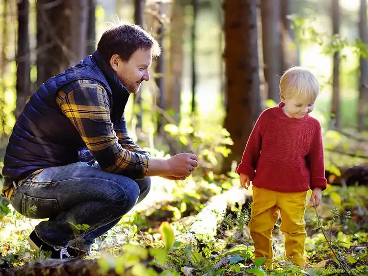Vater und Kind erkunden gemeinsam den Wald und genießen die Natur im Sonnenschein.
